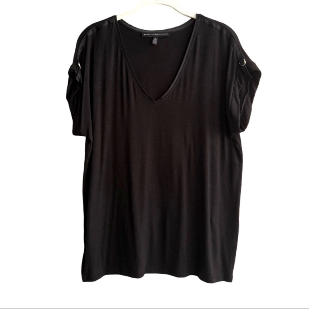 WHBM Short Sleeve Tee V-neck Satin Trim Top Black Size M - Picture 9 of 9